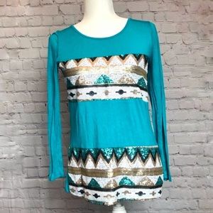 Teal sequin tribal design long sleeve blouse